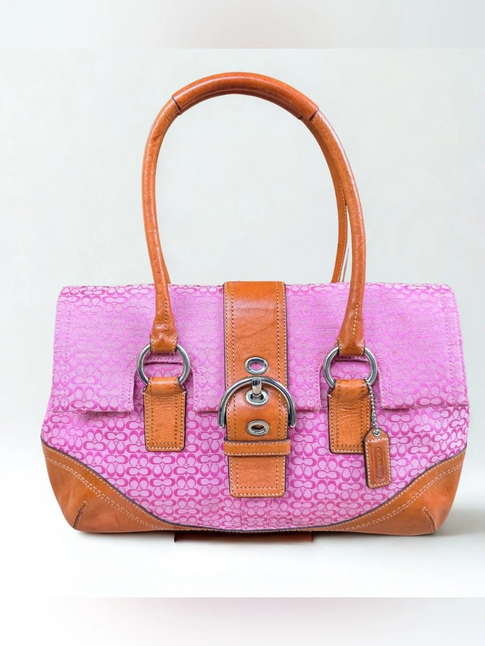 Coach Pink Canvas Satchel with Tan Leather Trim and Buckle Barbiecore
